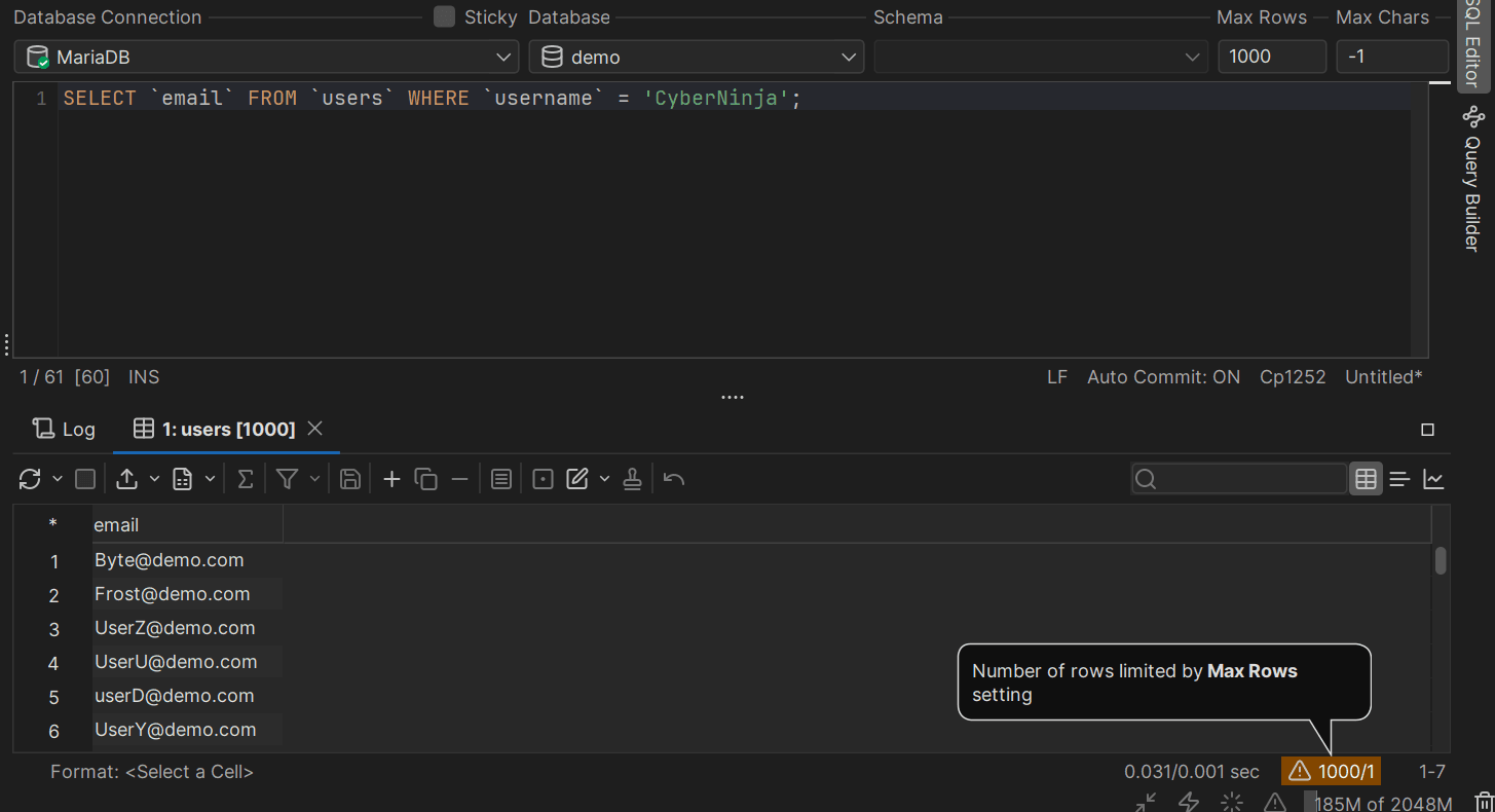 An SQL query executed in DbVisualizer