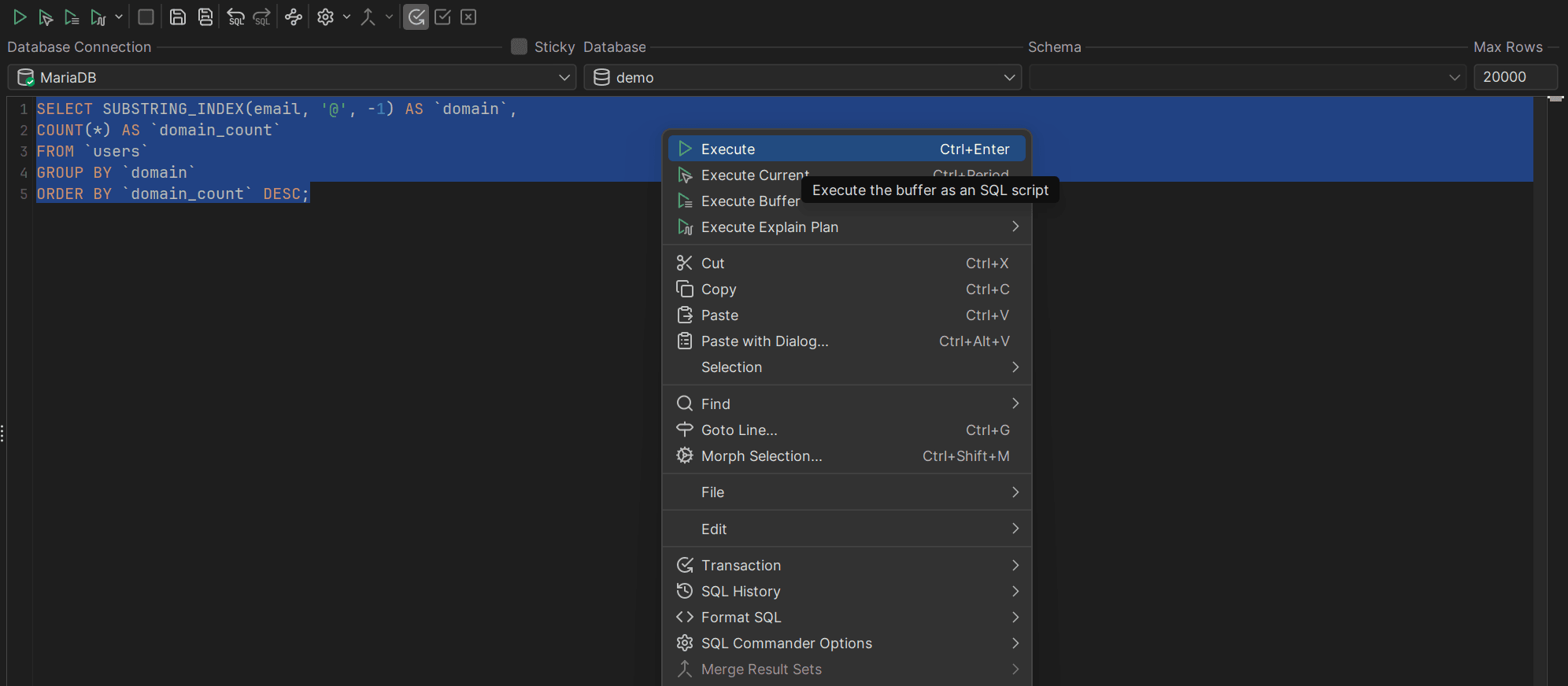Analyzing email addresses from a data breach in DbVisualizer
