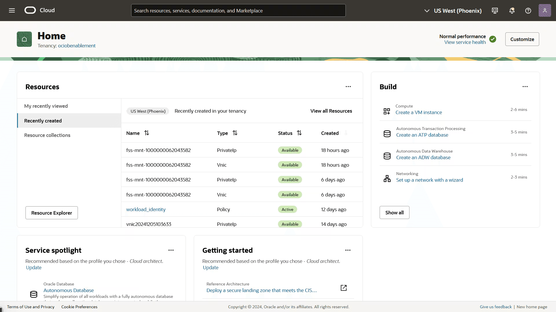Oracle Cloud Console when logged in