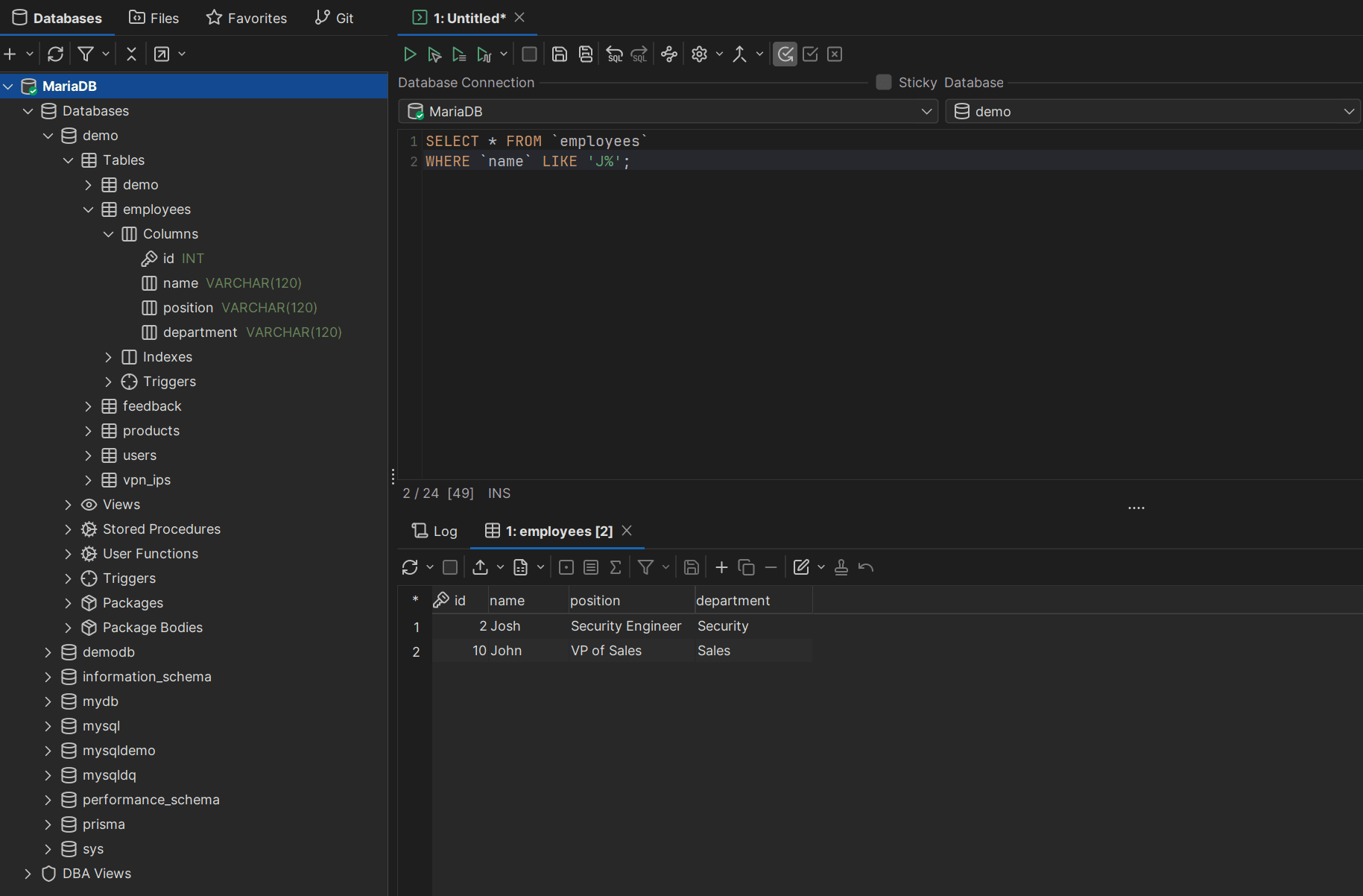 Displaying Databases and Tables in DbVisualizer Next to the SQL Client Returning All Employees Starting with the Letter J