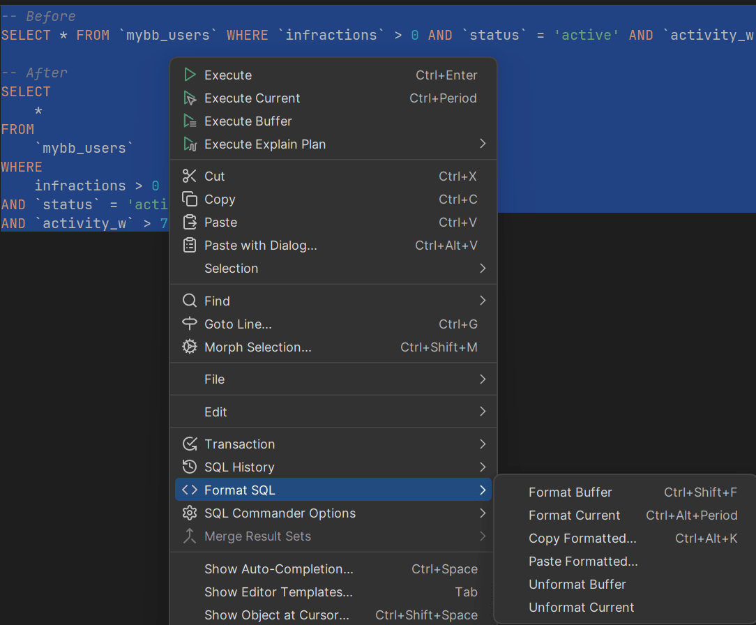 The Format SQL option in DbVisualizer