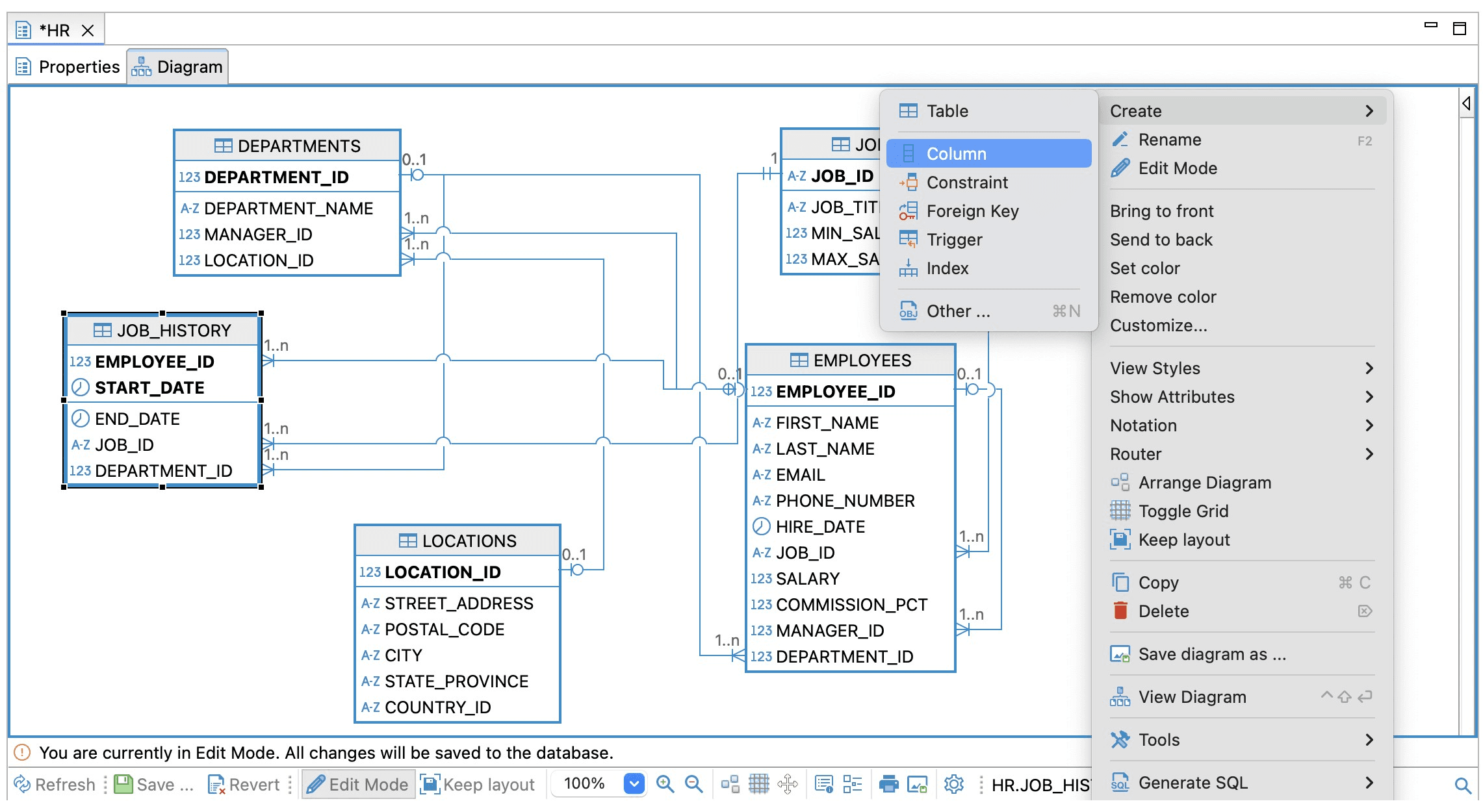 An entity-relationship diagram (ERD) in DBeaver