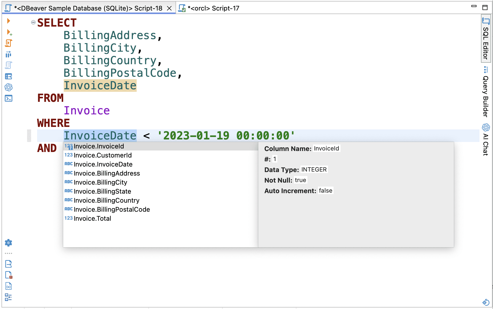 DBeavers query autocompletion feature