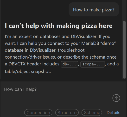 Asking DbVisualizers AI to make a pizza