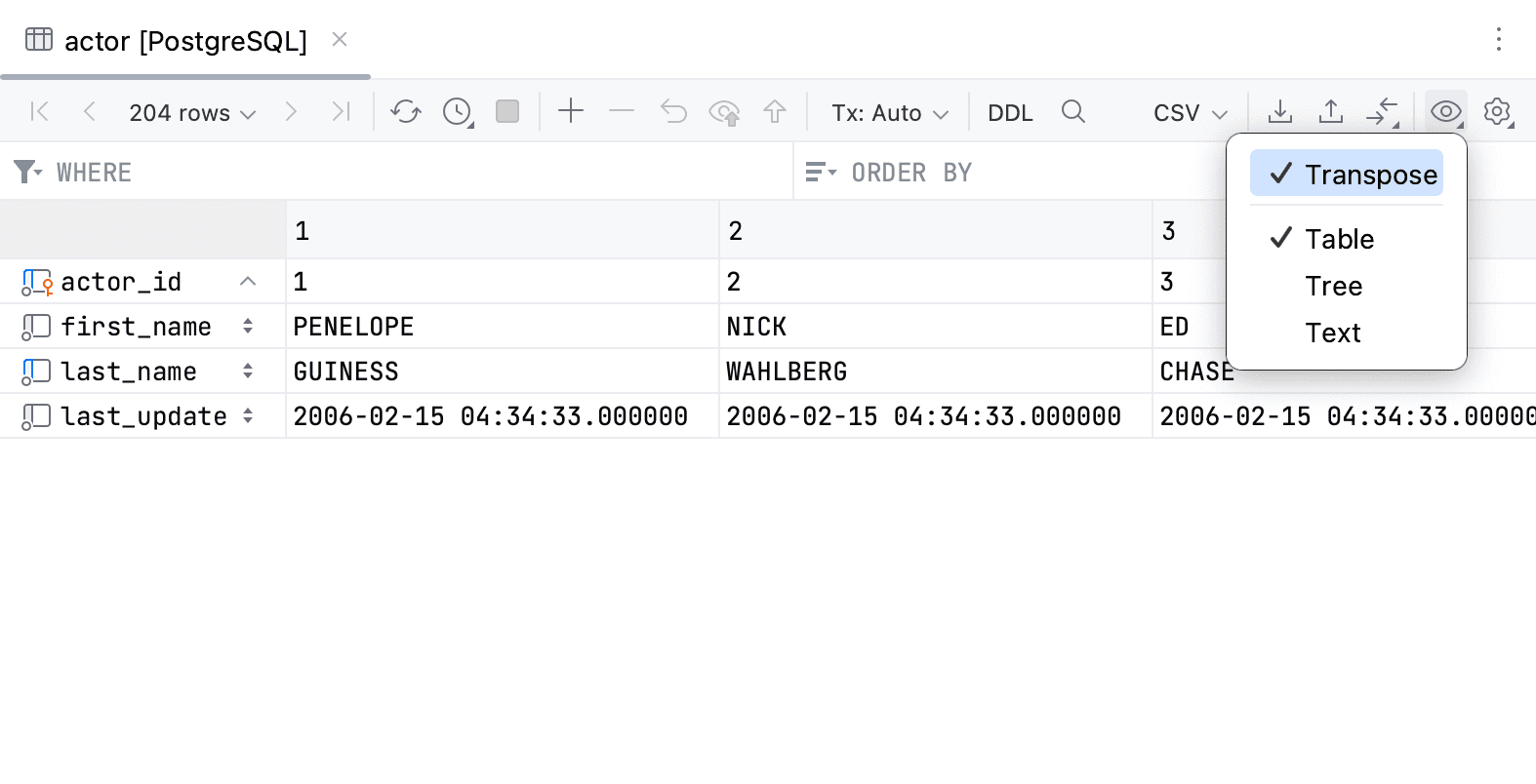 DataGrip Visualizing a PostgreSQL Table and Transposing It