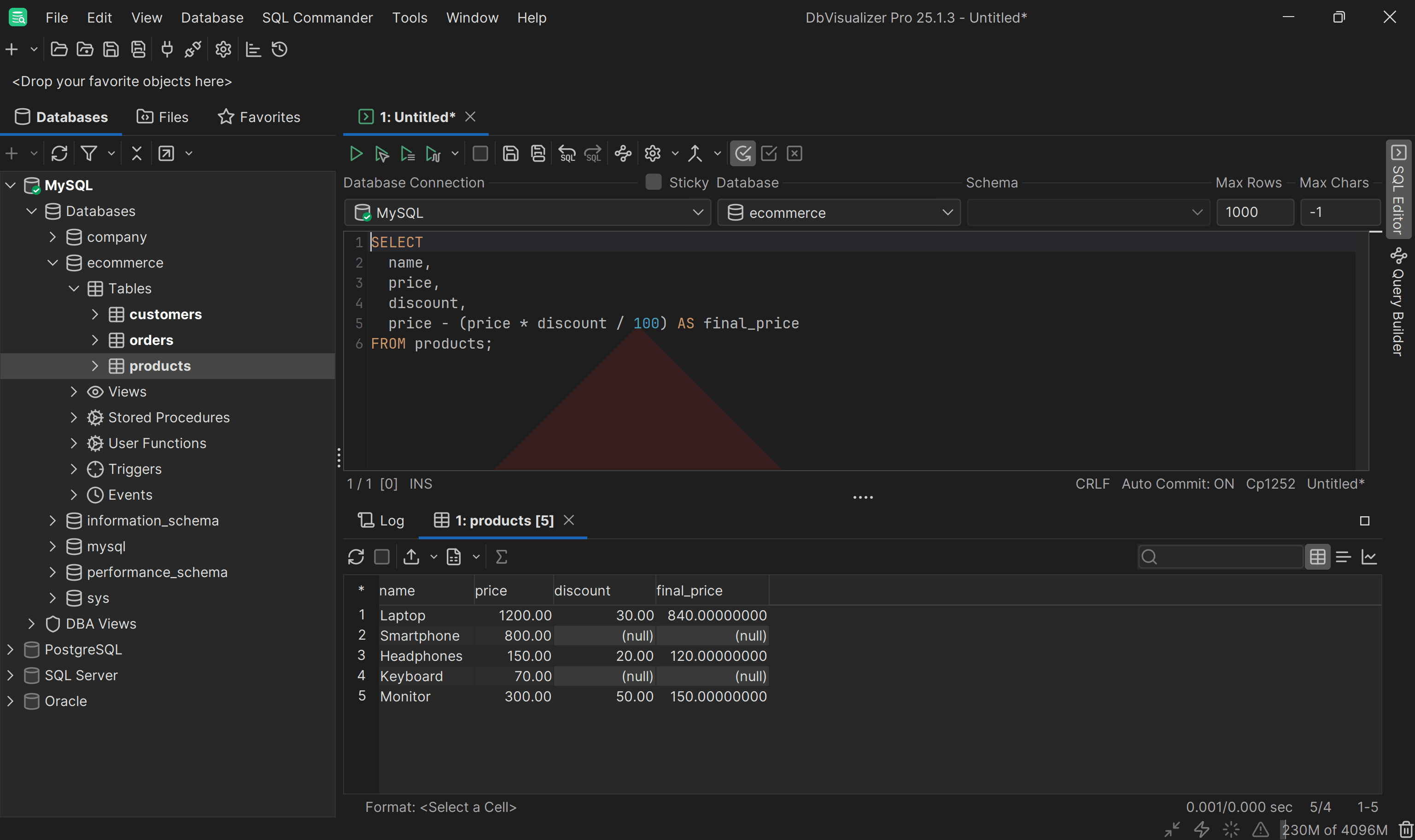 Note that when discount is NULL, final_price is NULL