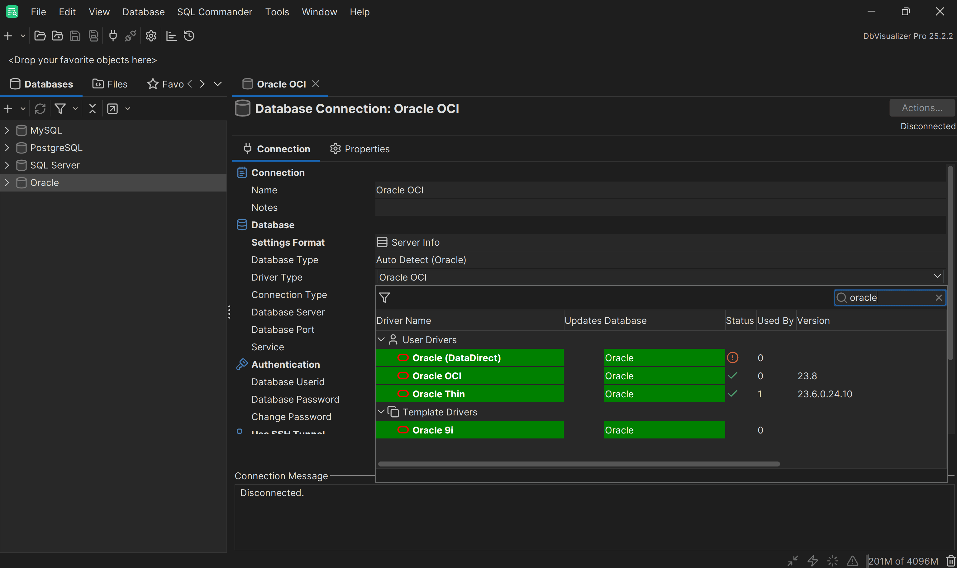 Connecting to an Oracle database with DbVisualizer