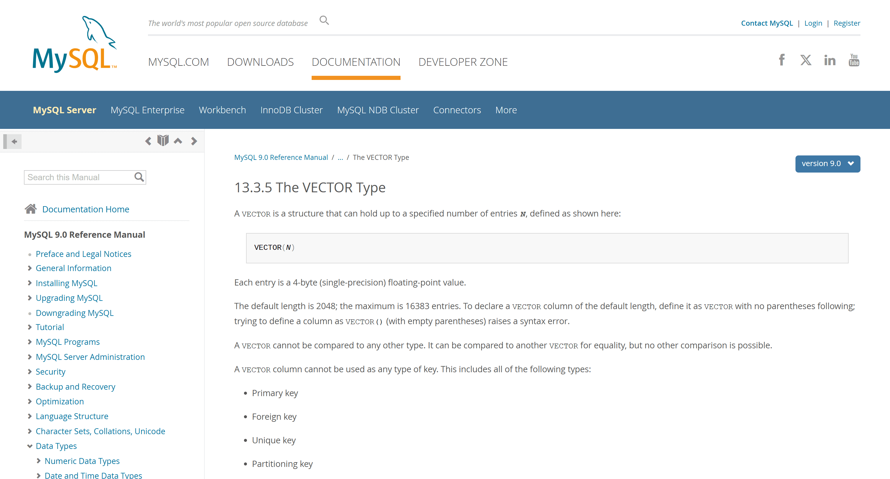 The MySQL 9 vector type page