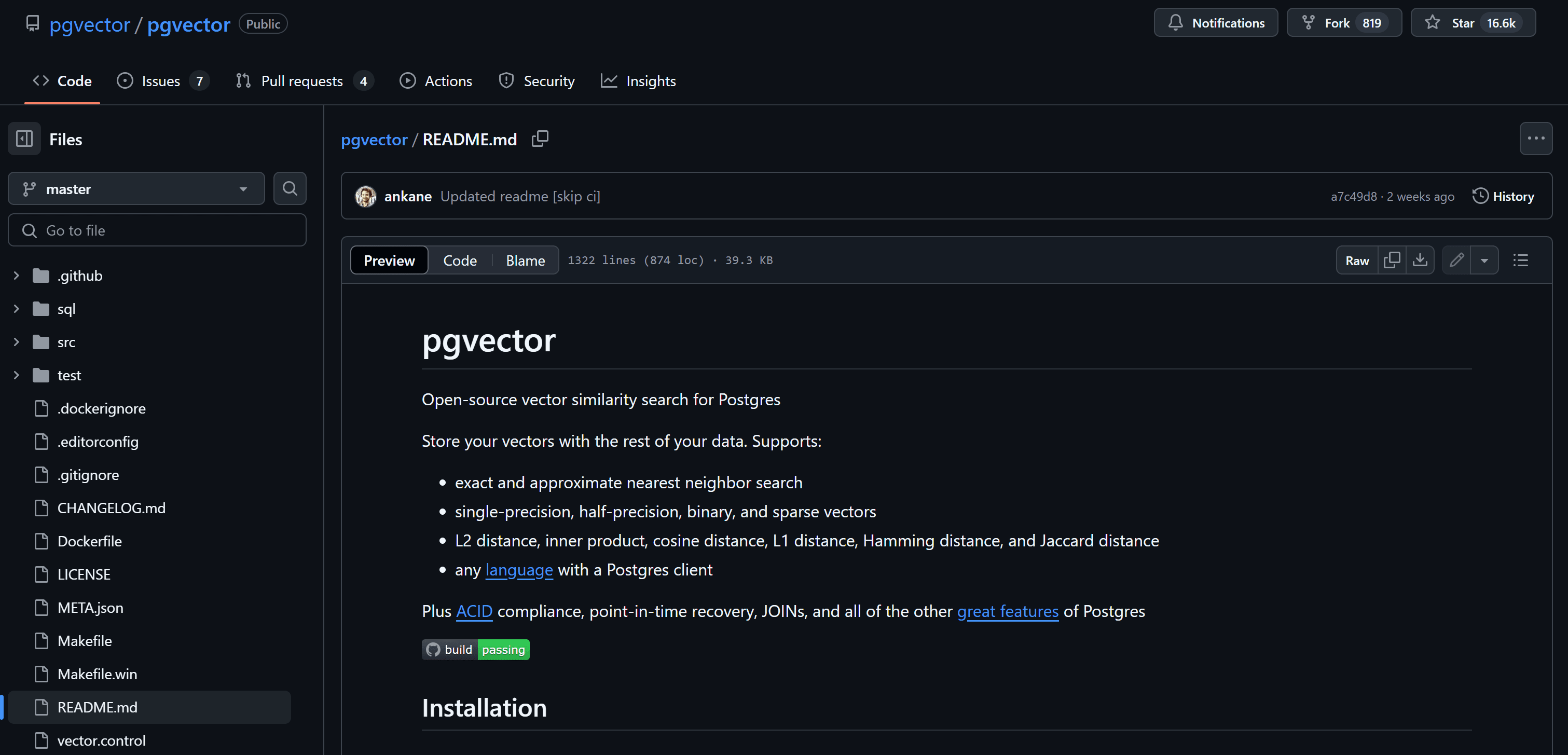 The README.md from the pgvector GitHub page