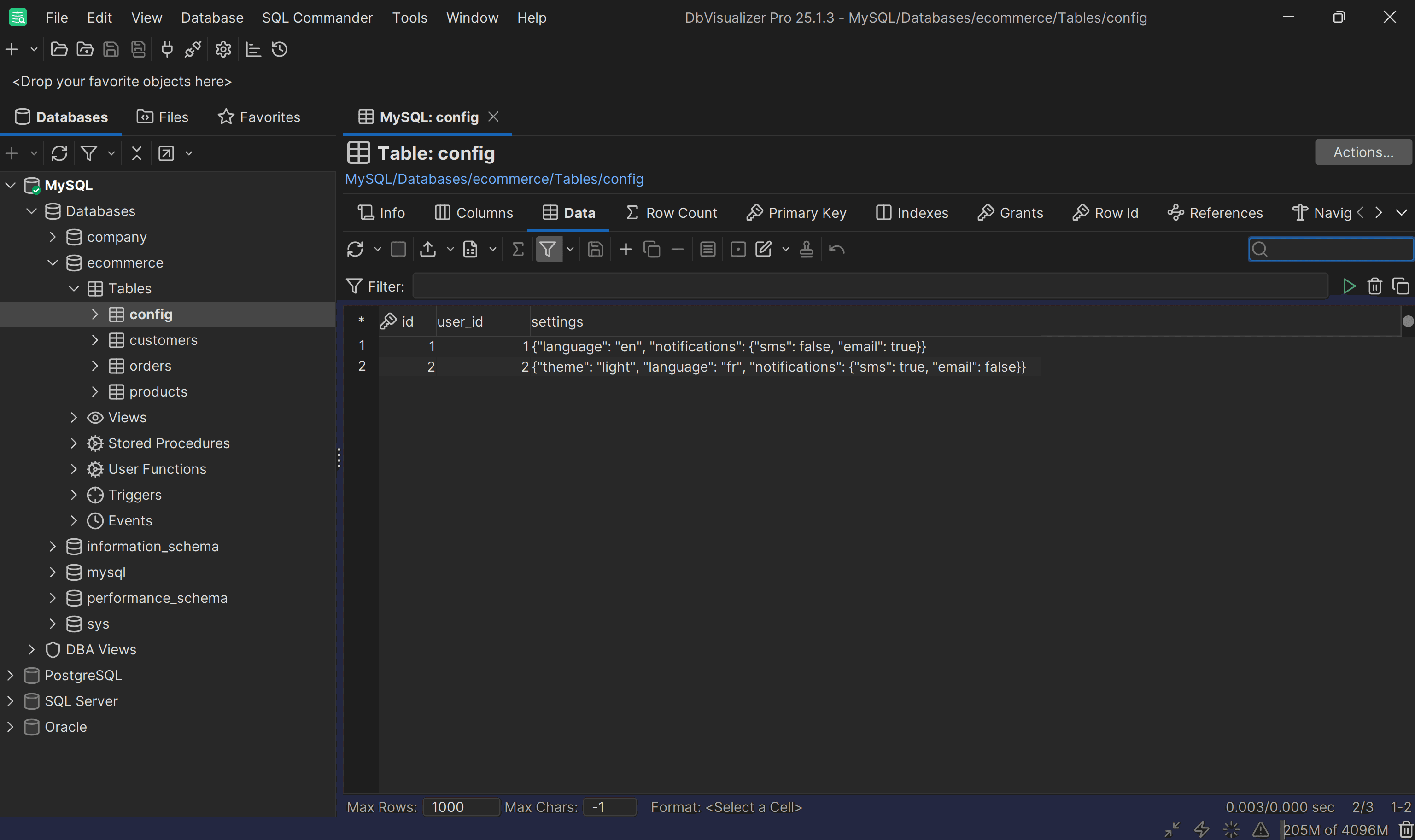 Exploring the data in the config table in DbVisualizer