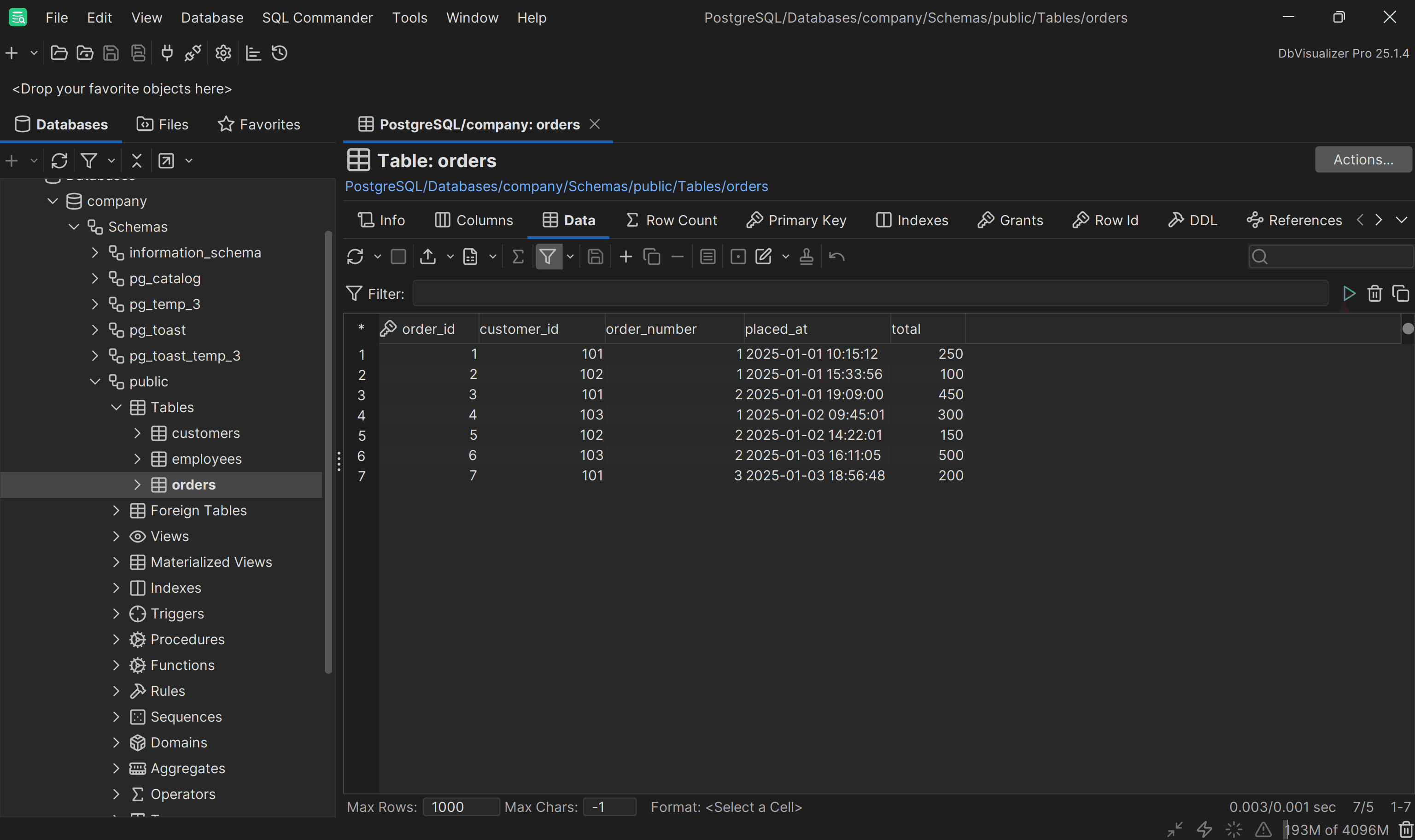 Exploring the data in the orders table in DbVisualizer