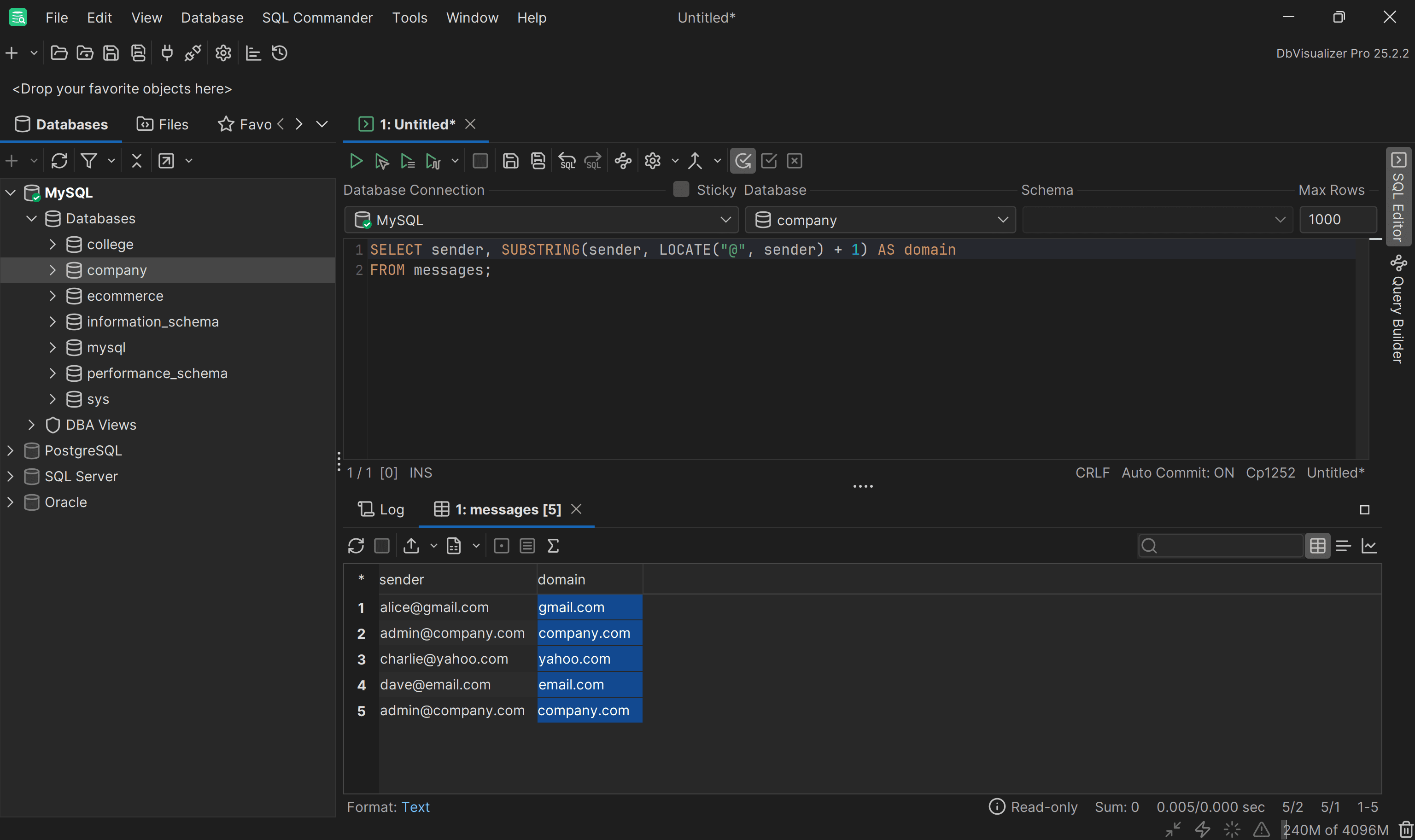 Note the email domains extracted by the query