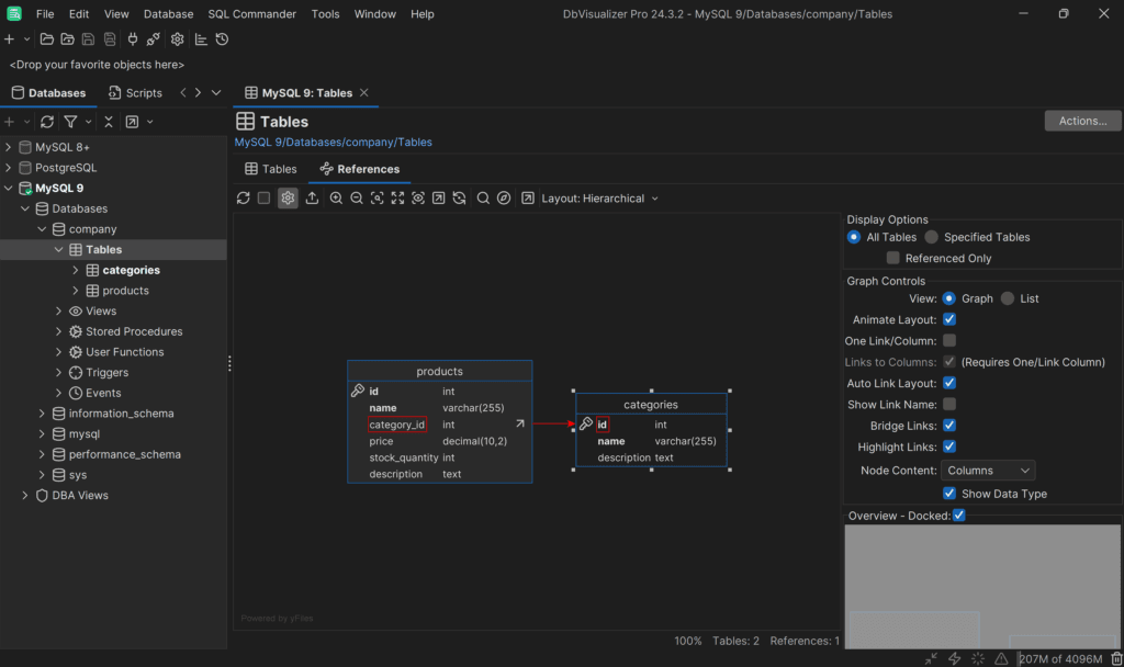 Note the relationship between the two tables in the ERD-like schema generated by DbVisualizer