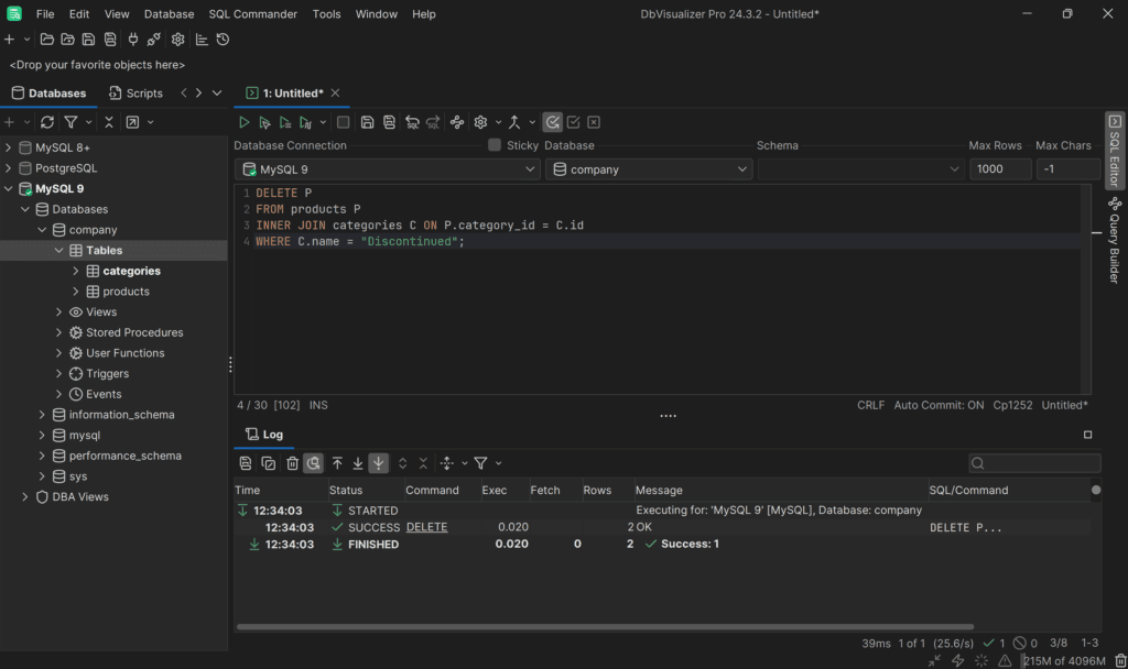 Note that Rows is 2 as the two rows have been deleted as expected