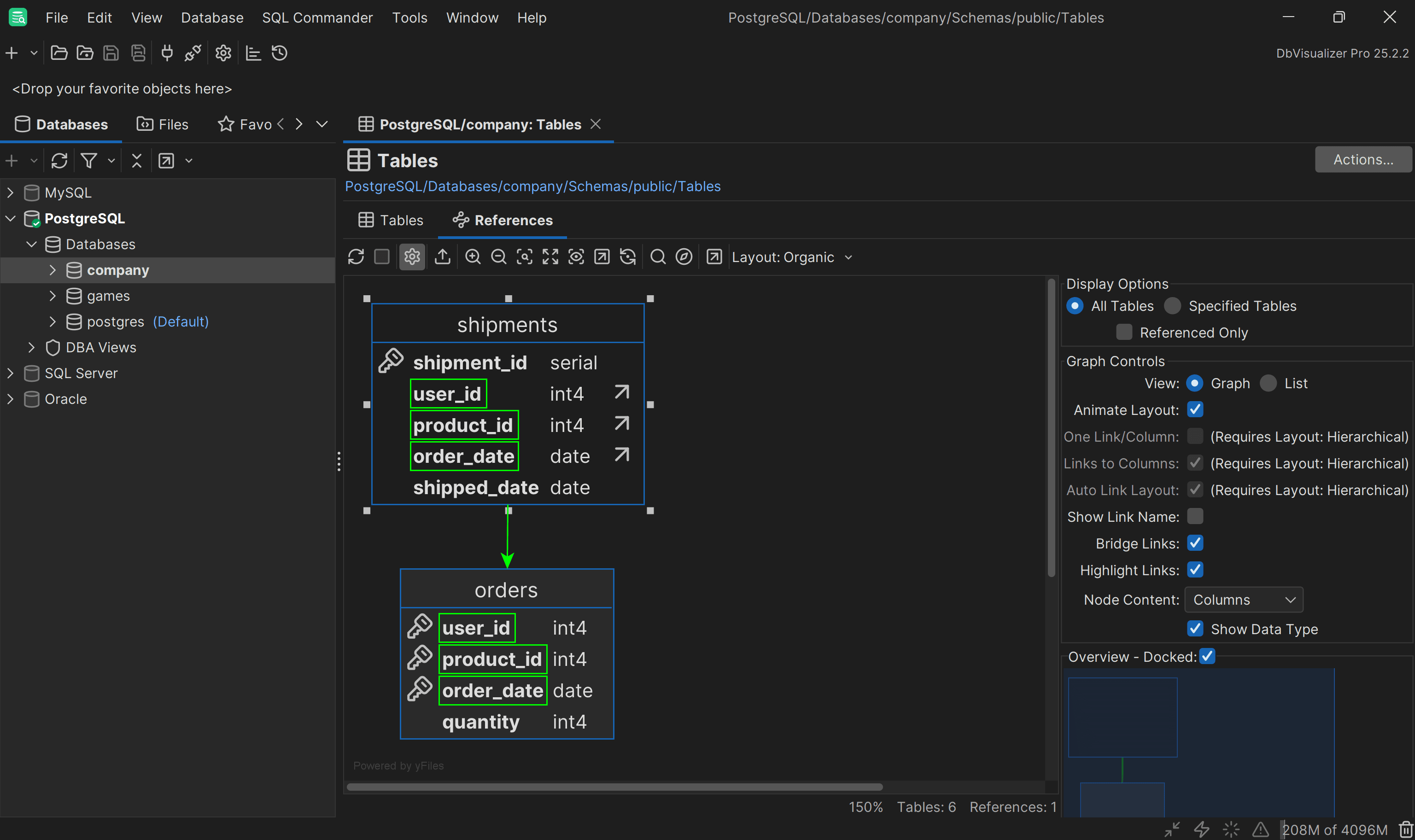 Visually exploring the relationship between the orders and shipments tables in DbVisualizer