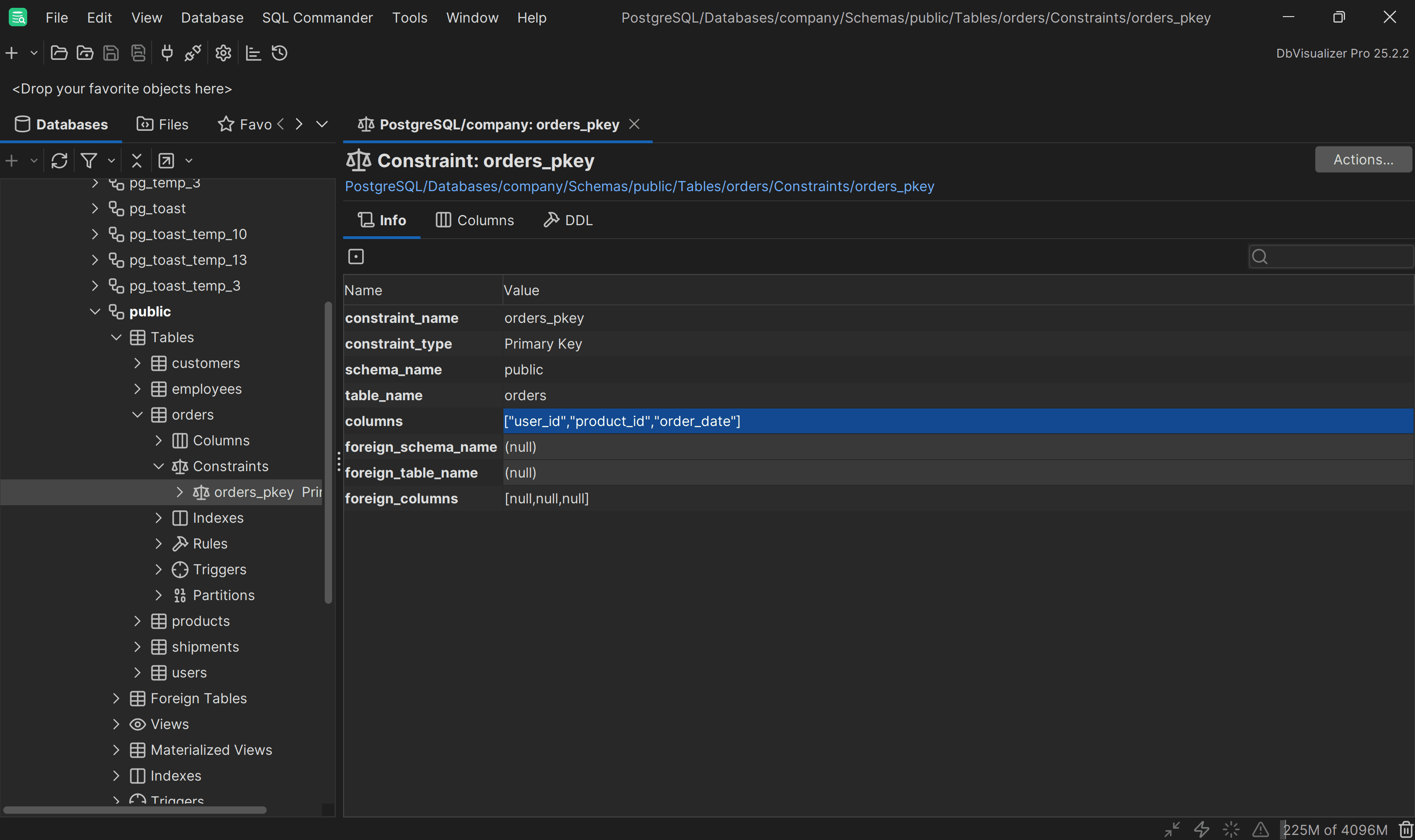 Note the orders_pkey constraint involving the three columns specified in the PRIMARY KEY clause