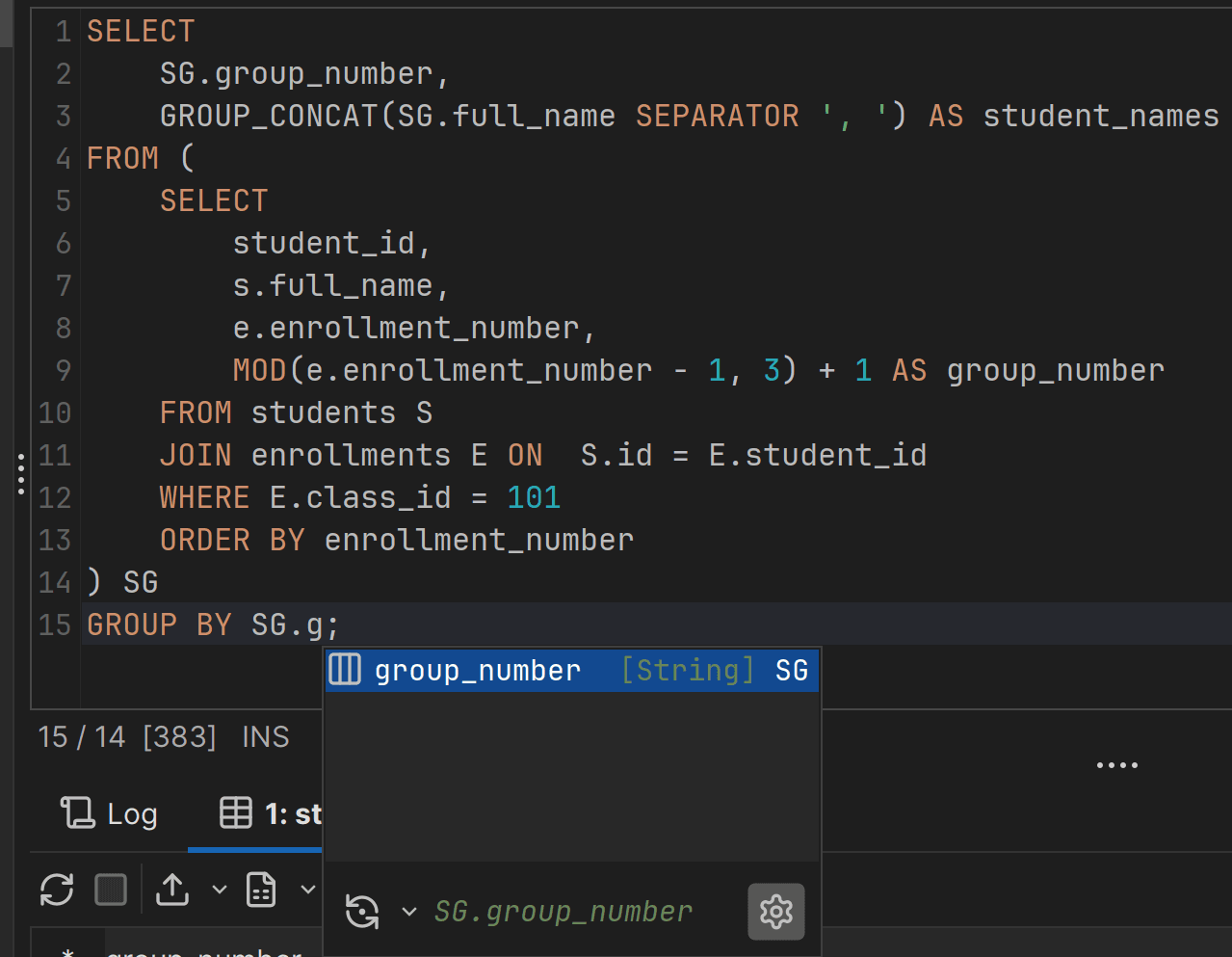 The autocomplete feature in action in DbVisualizer