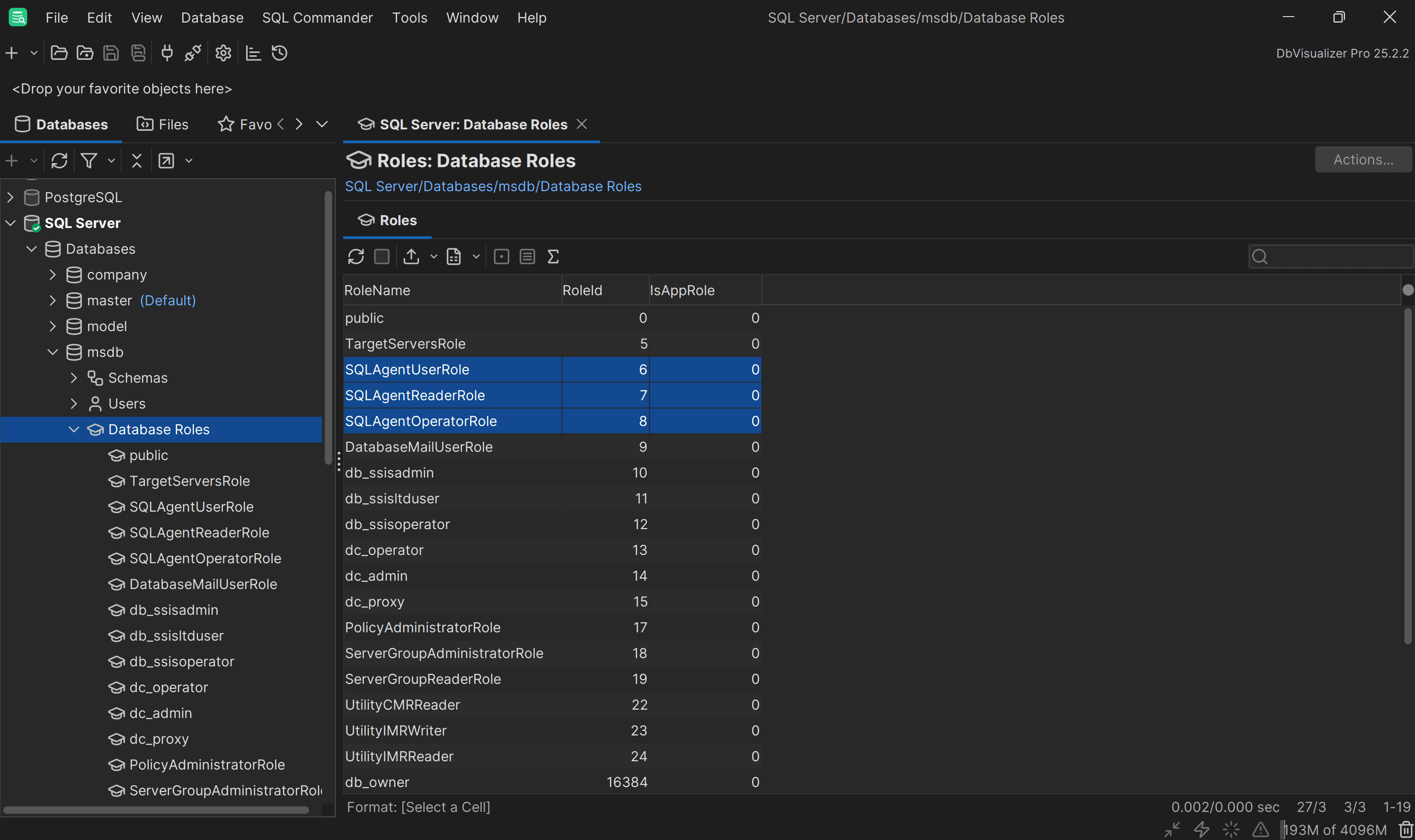 Exploring the SQL Server Agent roles in the msdb database in DbVisualizer