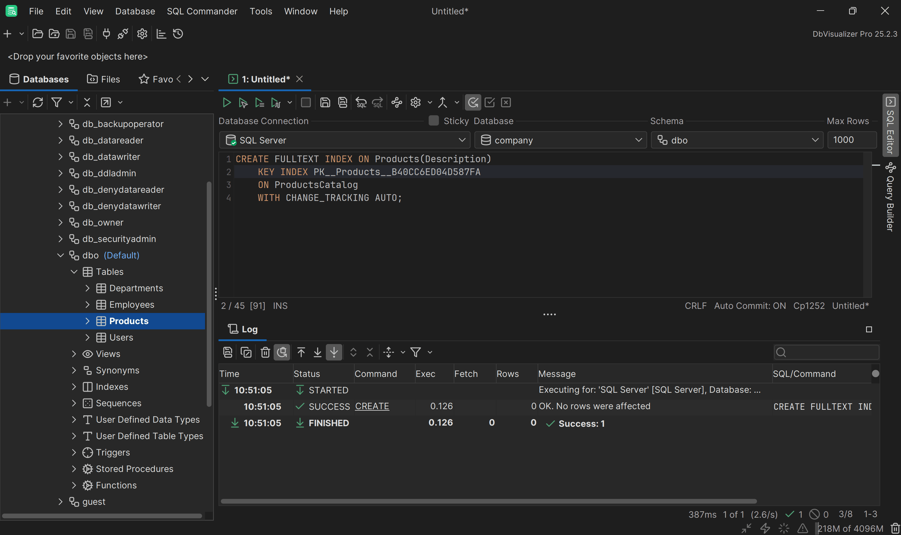 Creating the full-text index on the Description table in DbVisualizer