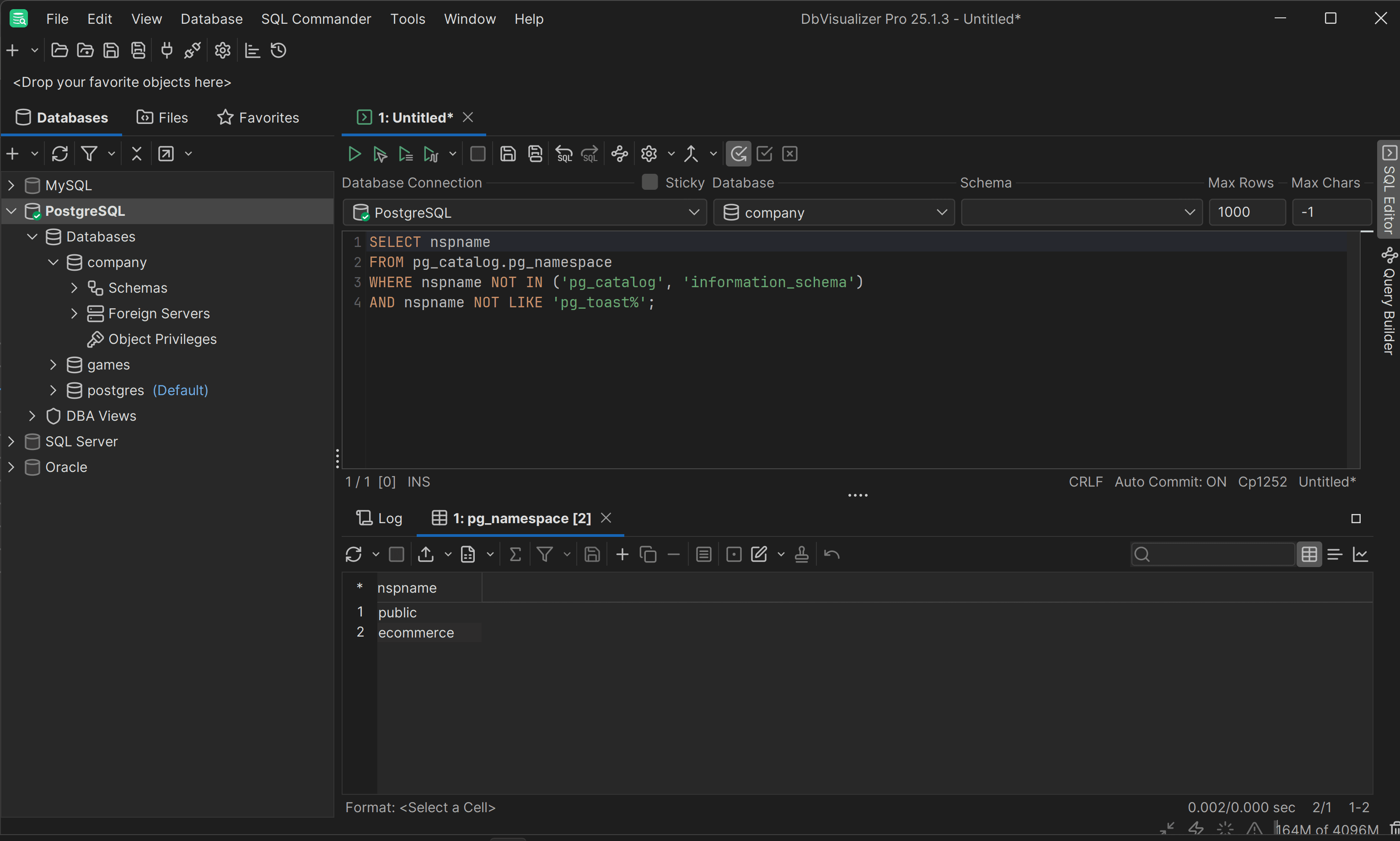 The user-generated schemas returned by the query