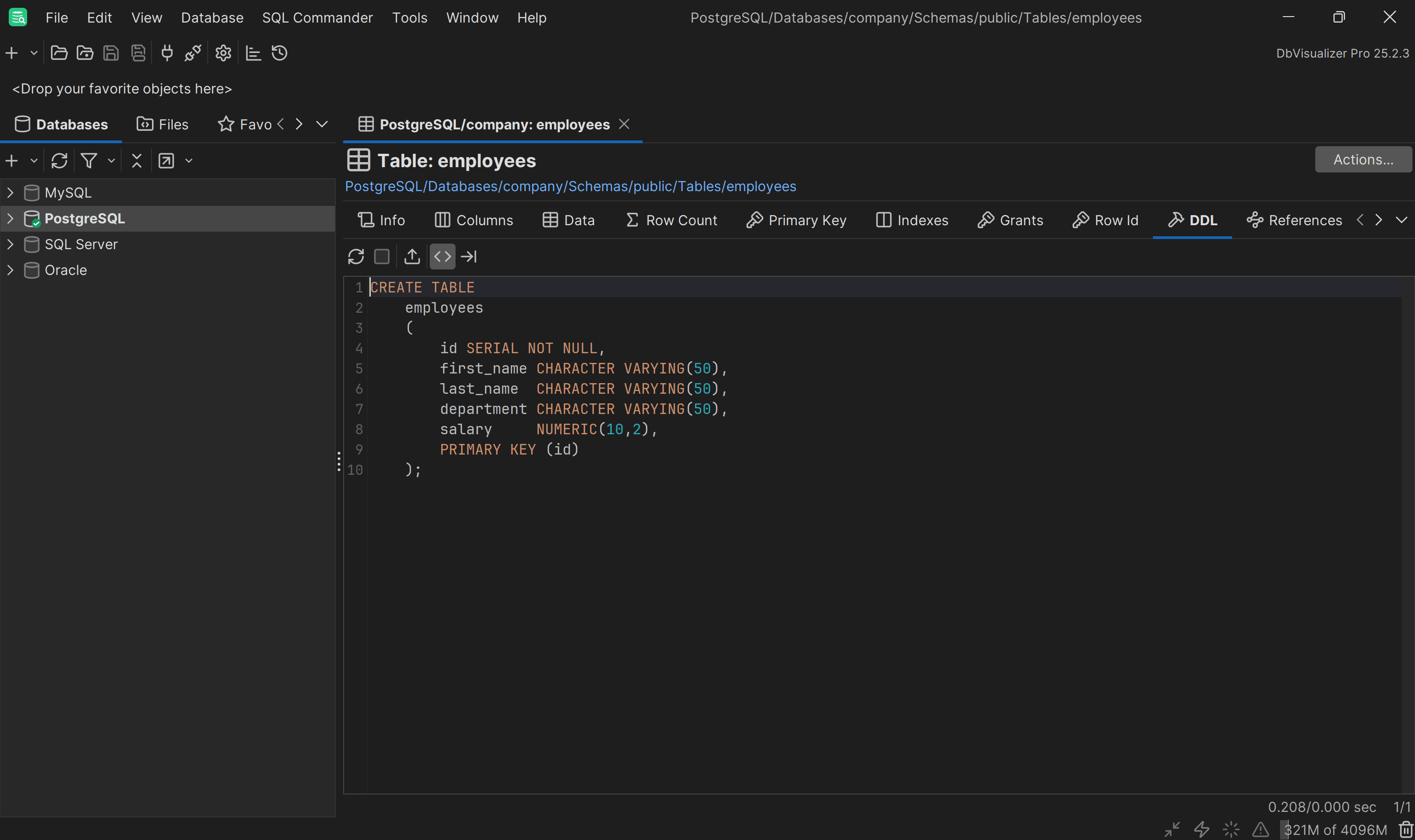 Exploring the DDL of the employees table in DbVisualizer