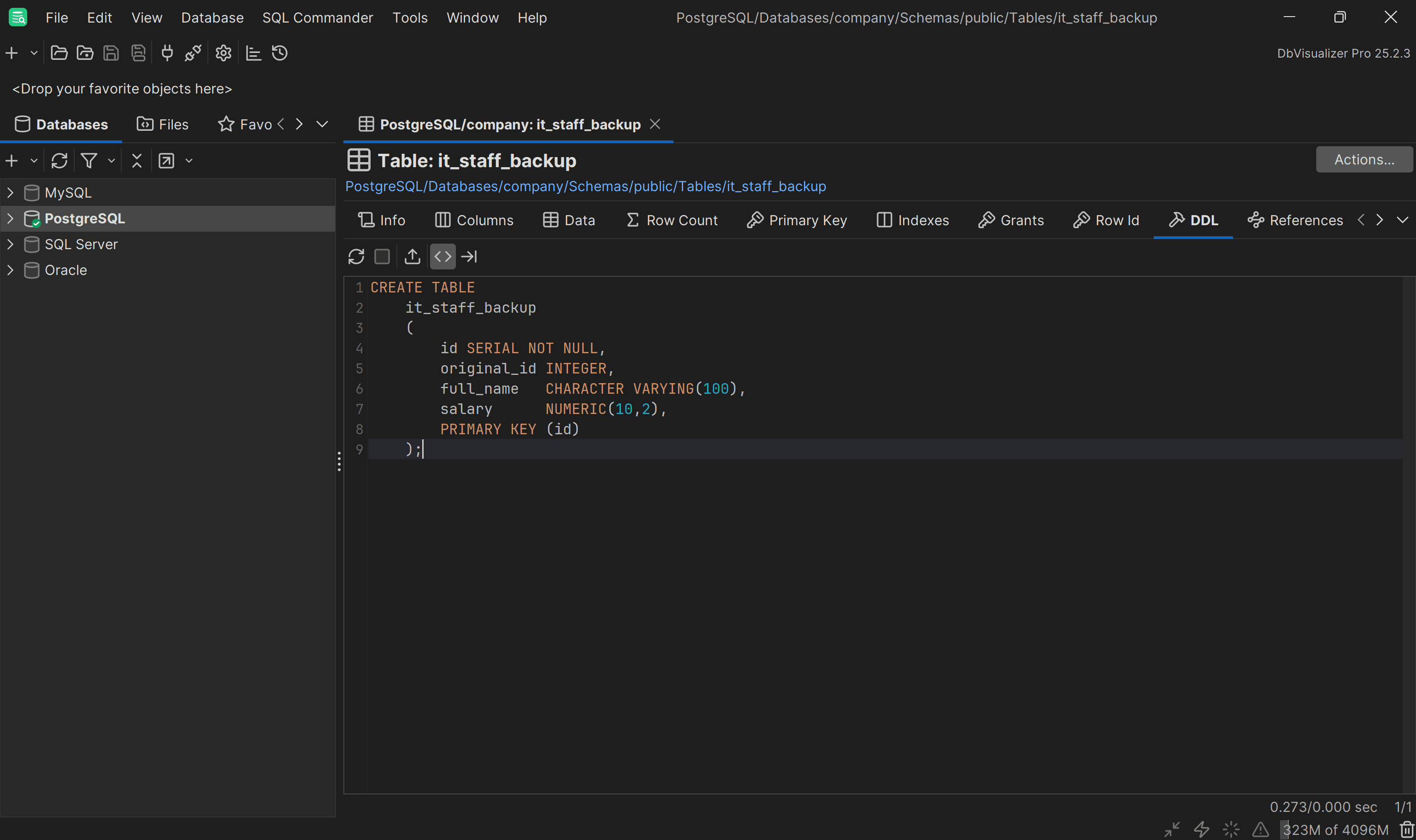 Exploring the DDL of the it_staff_backup table in DbVisualizer