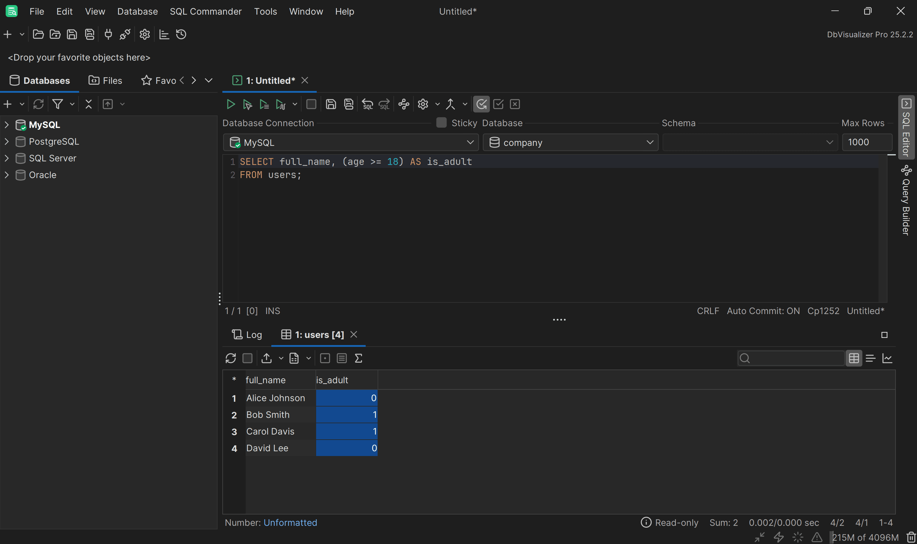 Executing the same query in MySQL using DbVisualizer. Note the 0/1 values in the is_adult column