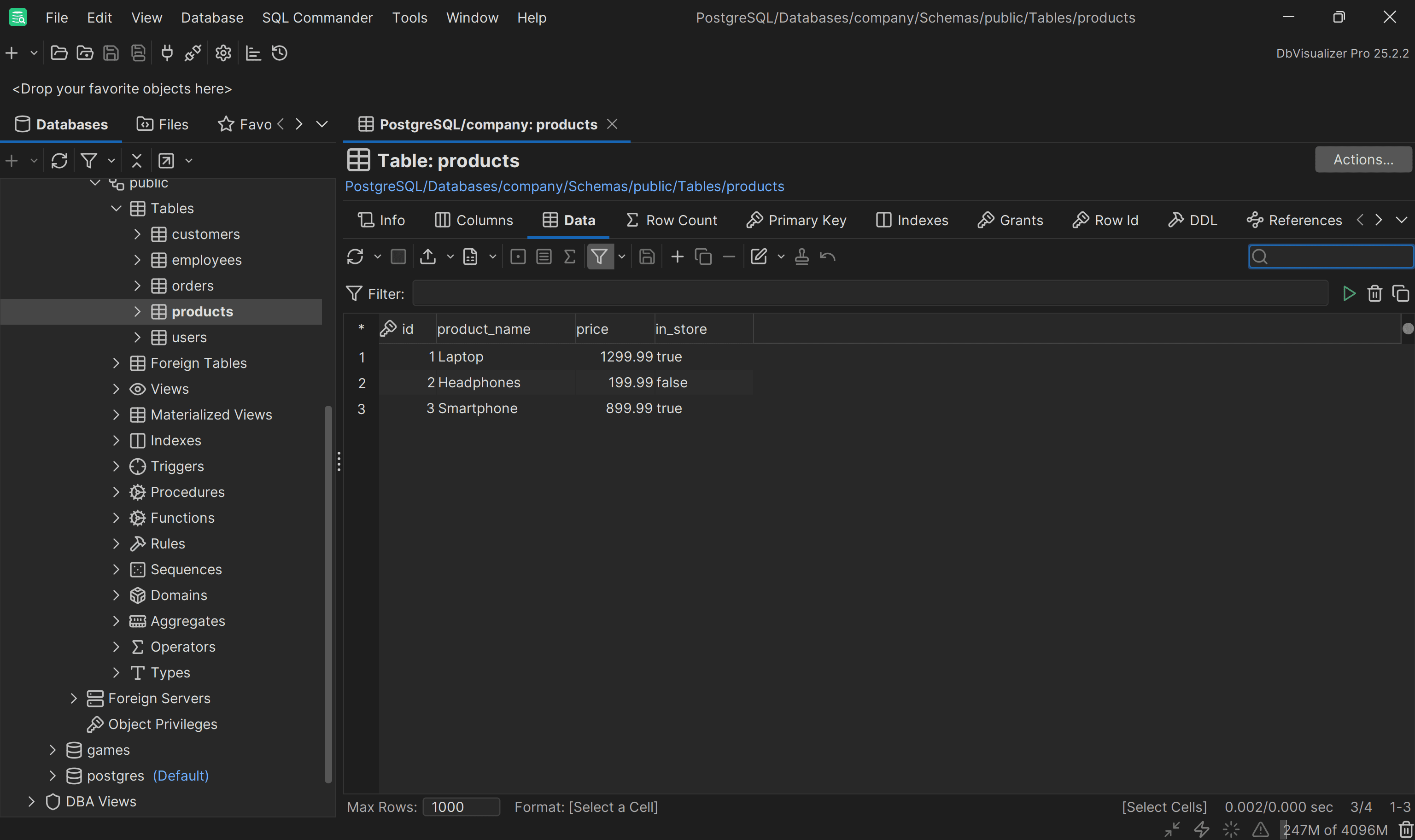 Exploring the products table data in DbVisualizer