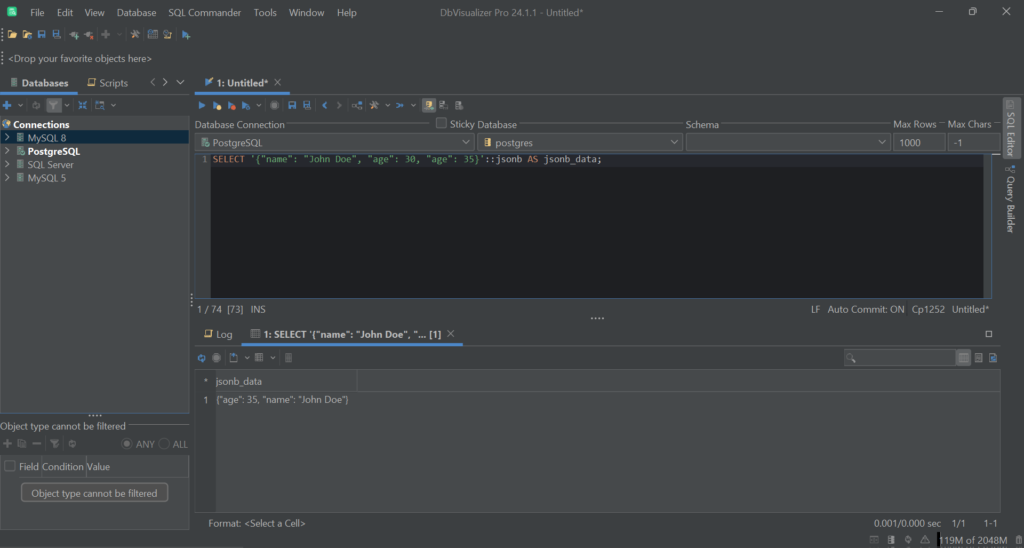 Executing the JSONB Postgre query in DbVisualizer