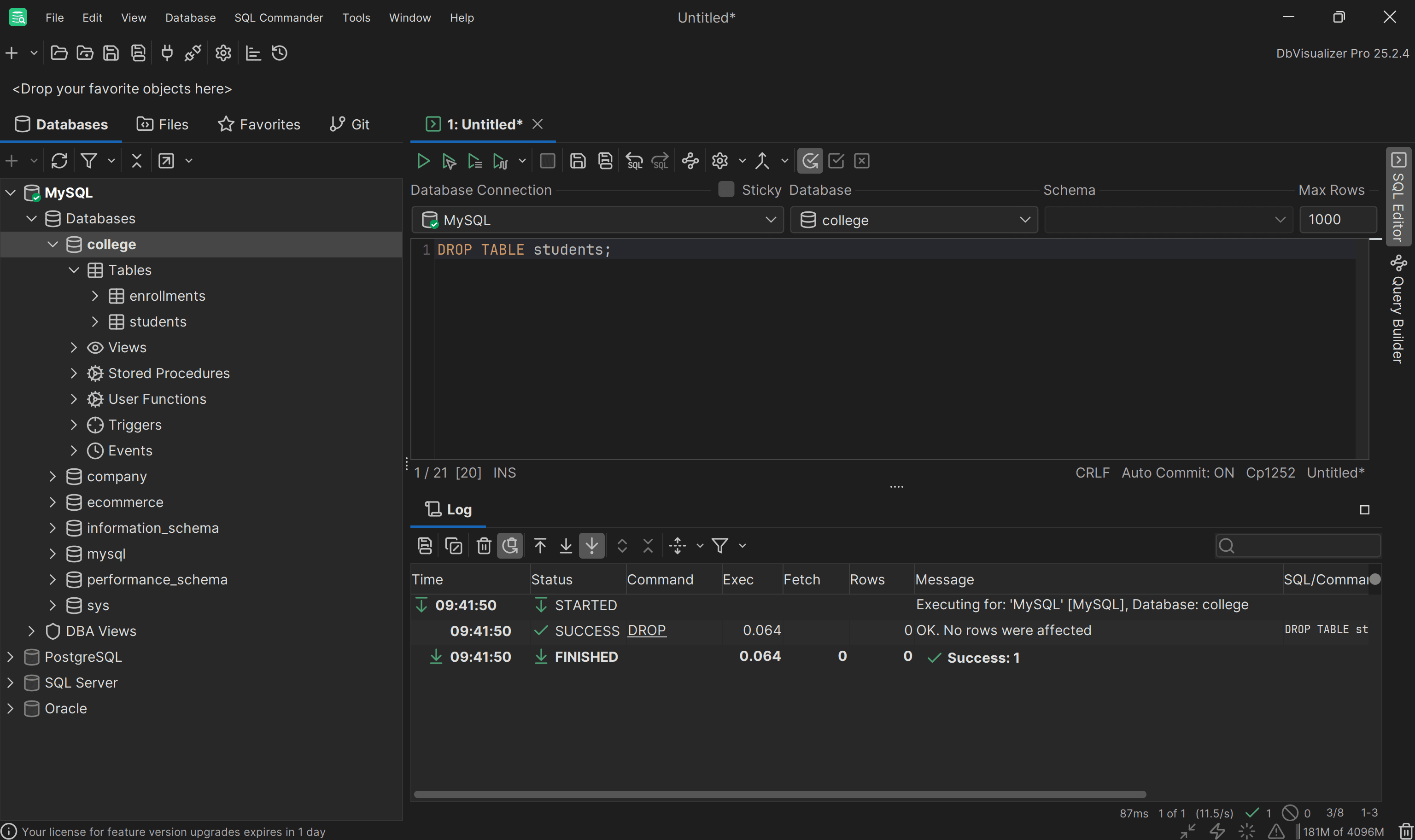 Executing the DROP TABLE statement in DbVisualizer