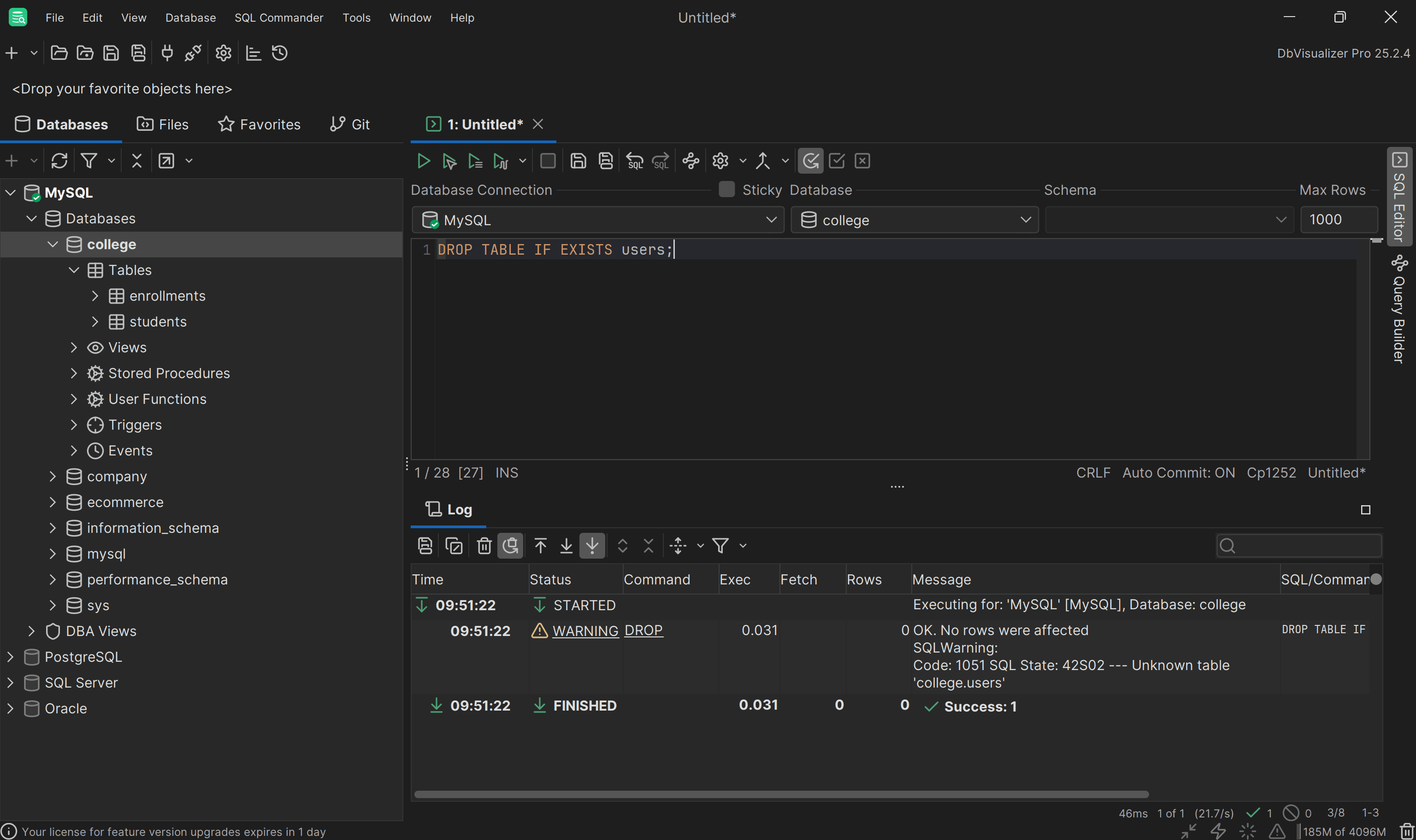 Executing the DbVisualizer DROP TABLE IF EXISTS