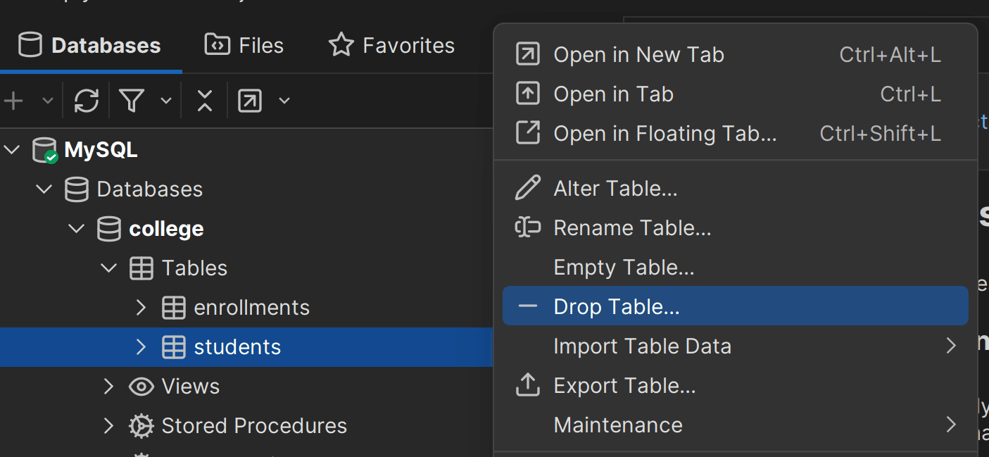 Selecting the Drop Table… option on students