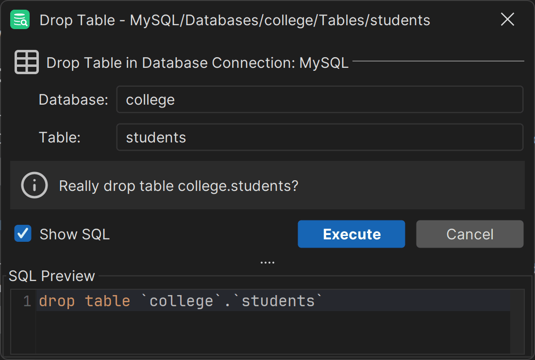 The Drop Table modal
