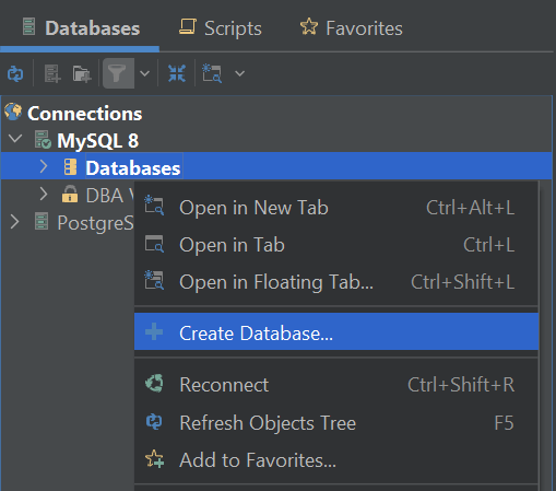 Opening the database creation modal