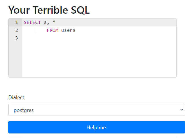 Writing a query with a broken syntax in SQLFluff online