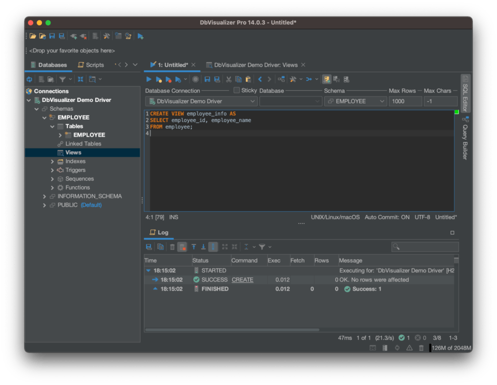 DbVisualiser SQL commander used to create the employee_info view.