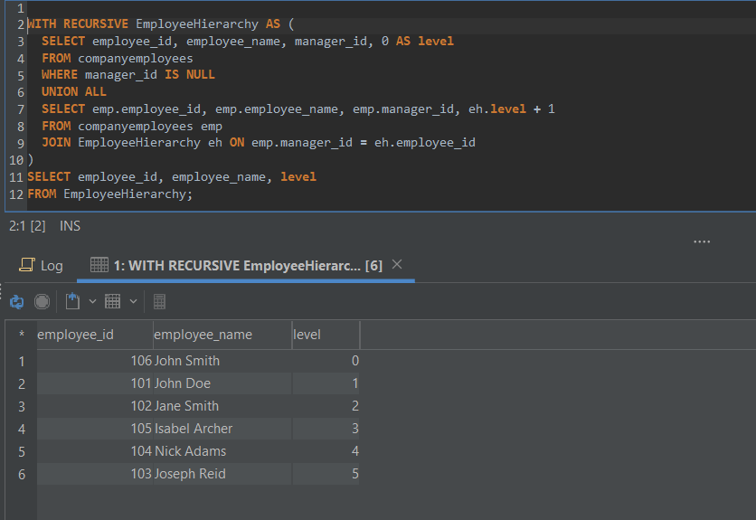 Recursive Self Join Query Results in DbVisualizer.