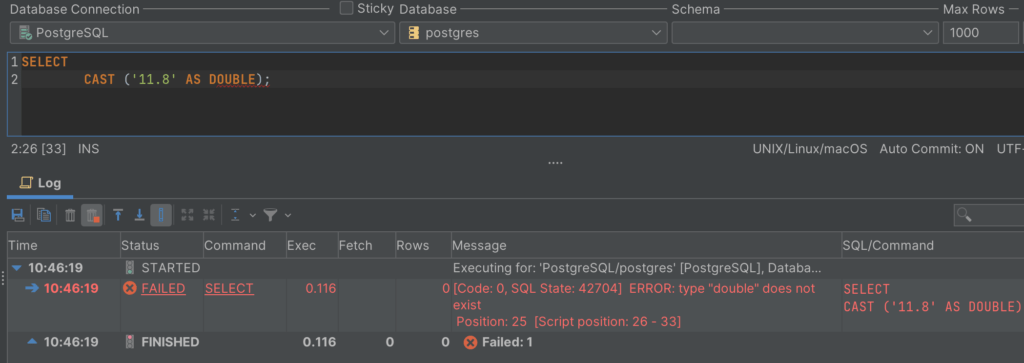 DOUBLE Data Type Error in PostgreSQL.