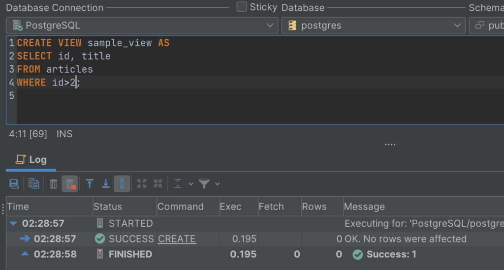 Using the SQL commander to create a view.