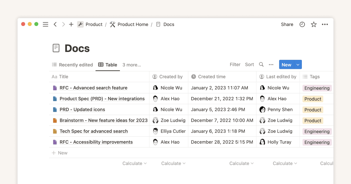 A sample docs view in Notion, one of the most widely used tools for documentation