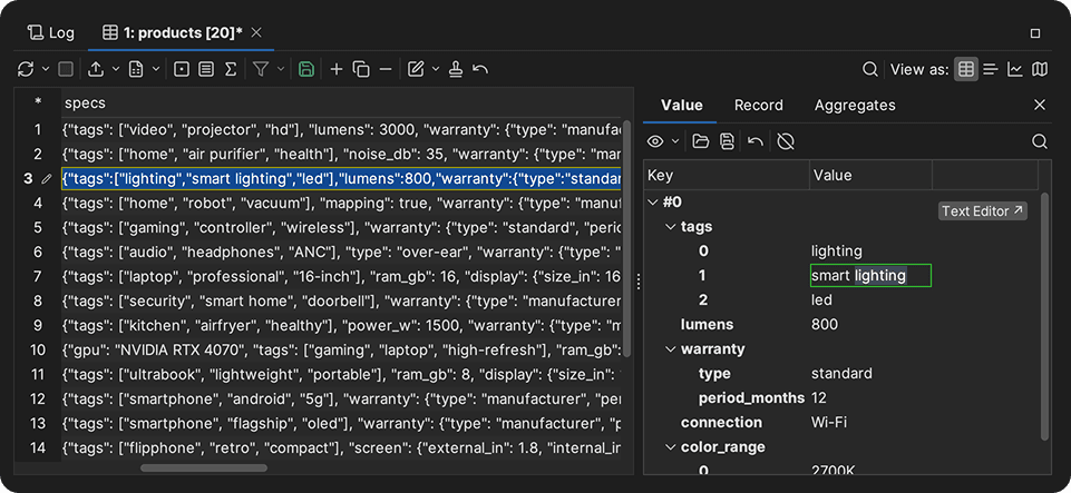 JSON editing in dbvis